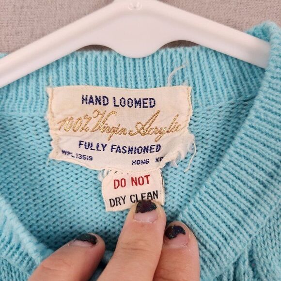VINTAGE 70s Hand Loomed Acrylic Cable Knit Sweater Size Small S Blue - Picture 3 of 7